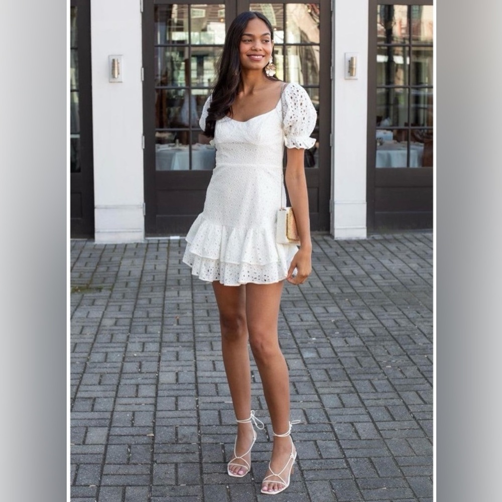 ASTR the Label White Eyelet Mini Roseville Ruffle Dress Medium Charo Ruiz Belt